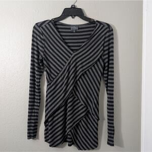 Market & Spruce Black and Gray Striped V-Neck Long Sleeve Blouse